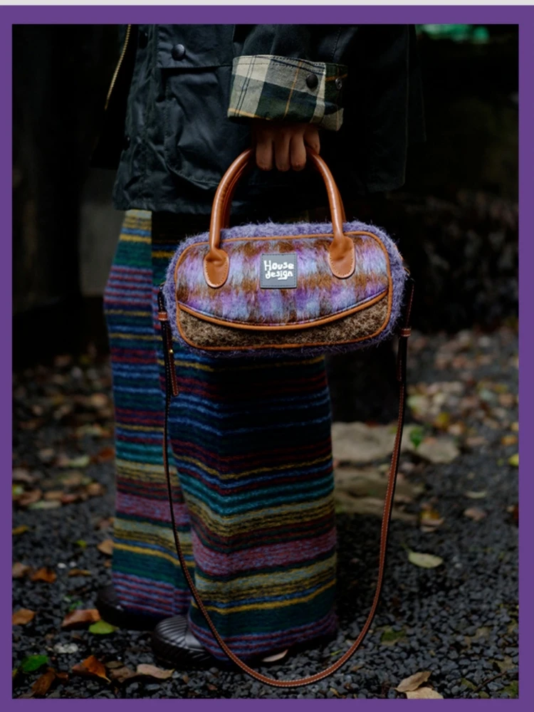 الخريف والشتاء الرجعية الأرجواني الصوفية حقيبة كروسبودي حقيبة البولينج للنساء رائعة أفخم حقيبة كتف محمولة باليد لفتاة