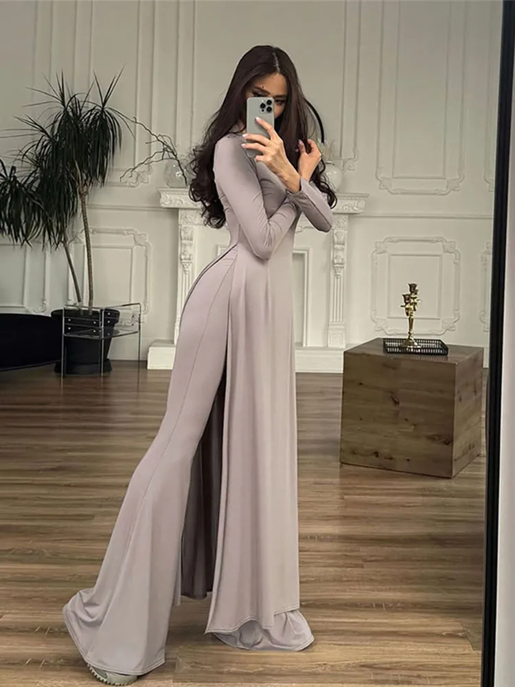 

Whatiwear Solid Elegant 2 Piece Set Women o-Neck Skinny Full Sleeve High Splits Maxi Dress+Stretch Straight Pants Streetwear Set