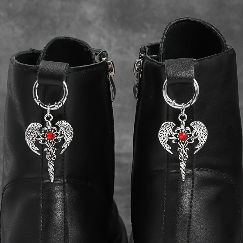 2Pcs Gothic Angel Winged Axe Red Water Diamond, Silver Metal Shoe Pendant Detachable Accessory, Suitable for All Types of Boots