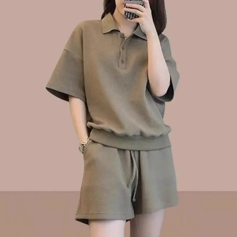Women Wfle Cotton Polo Short Sleeve Top Drawstring Shorts 2Pcs Summer Casual Sports Tracksuit