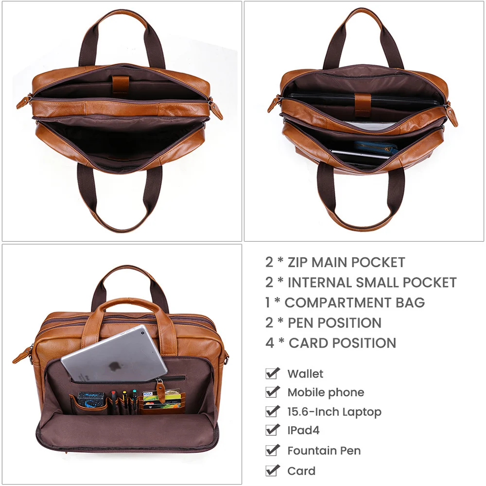 Malas de couro genuíno dos homens, 15,6 ", 17" Laptop Bag, grande capacidade, mensageiro do negócio, bolsa de ombro do escritório