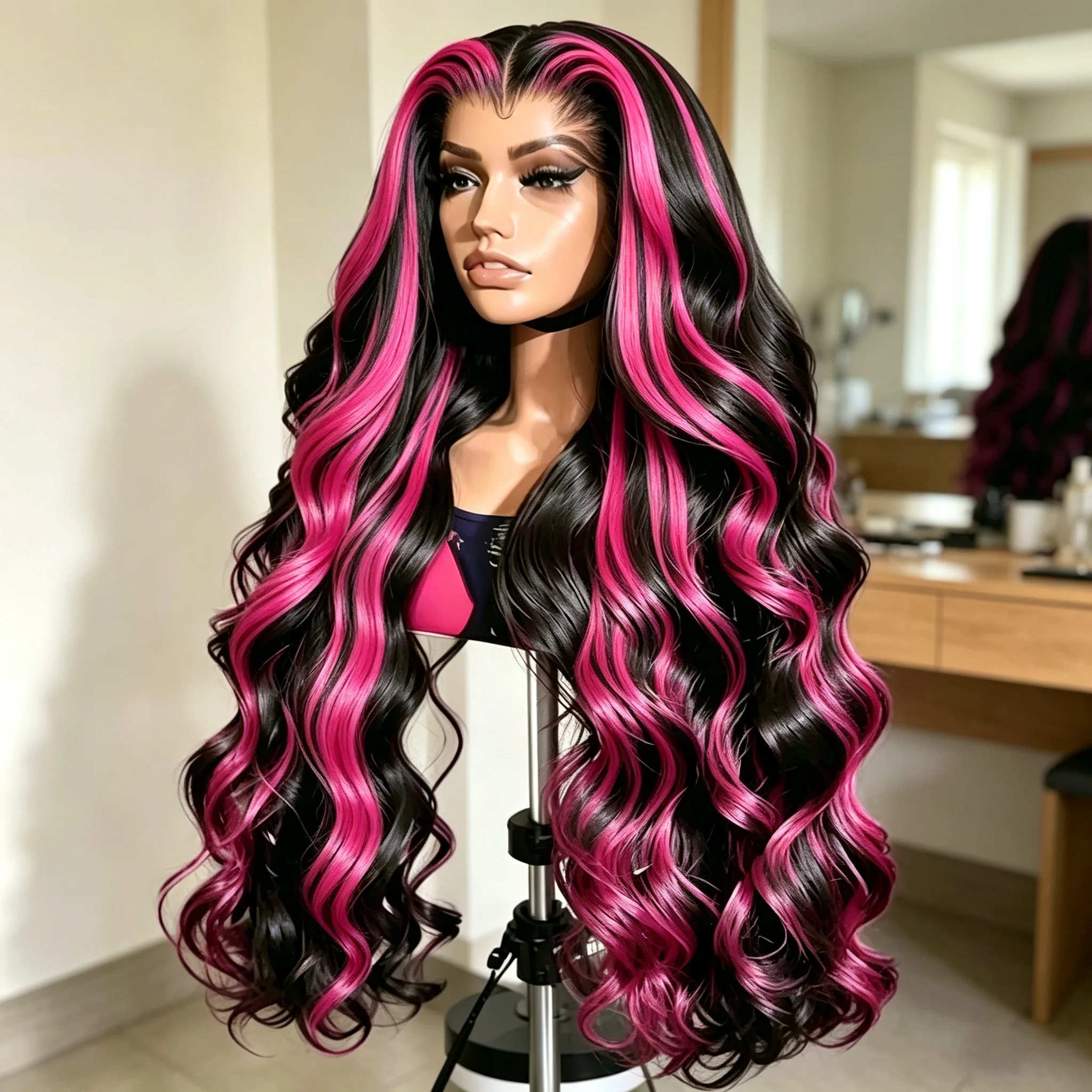 Perruque Lace Frontale 13x6 en Cheveux Humains Ombré 1B/Rose, Densité 220%, Pré-épilée, Ondulée, Perruques Lace Front 13x4 en Cheveux Humains pour Femmes