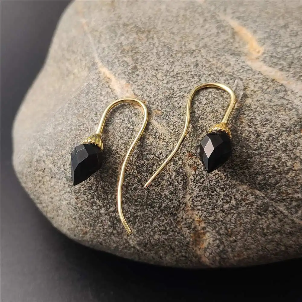 FUWO Wholesale Lovely Natural Obsidian Earrings,Minimalist Faceted Dew Drop Hanging Earring Jewelry For Women 5Pairs/Lot ER482