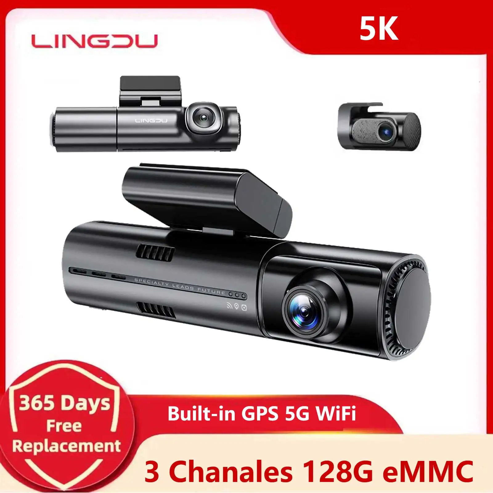 LINGDU LD08 Car DVR 5K Dash Cam 3 Cameras 4K+1080P+1080P Built in 128GB eMMC With GPS WIFI Night Vision 24 Hours Parking Monitor