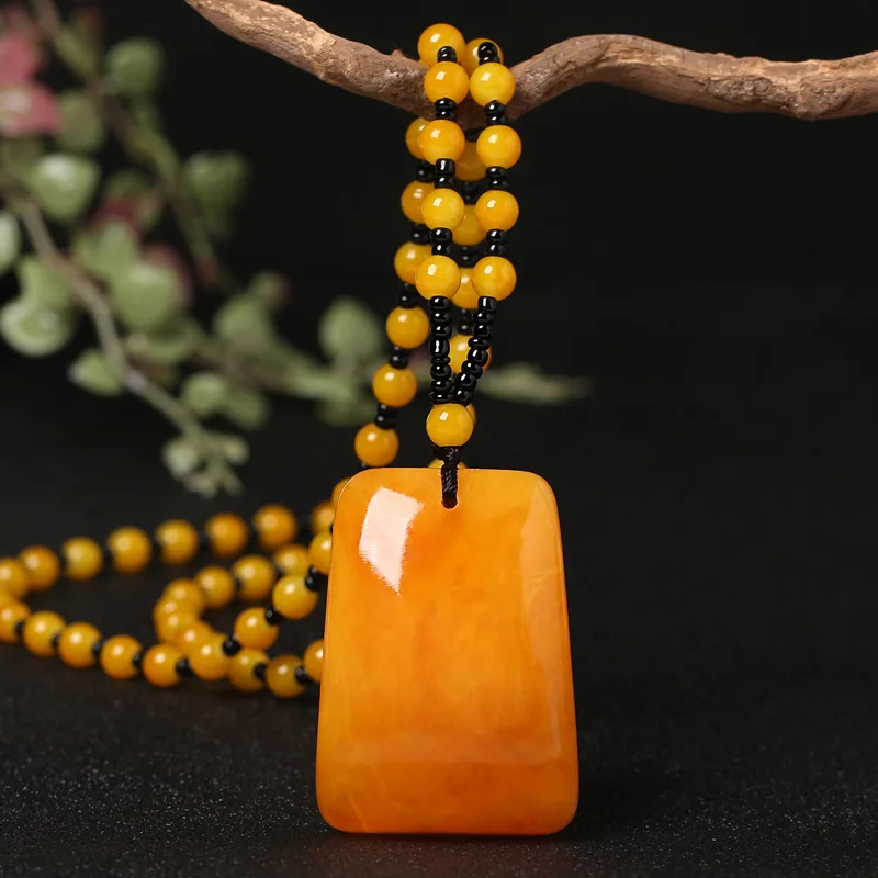 

Old natural beeswax amber long necklace retro national style pendant pendant cotton linen dress necklace wenwan collection gift