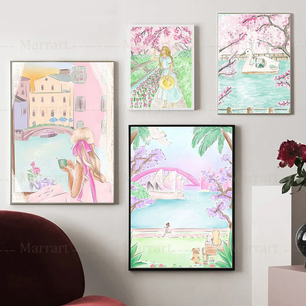 

Tourism Scenery Poster Girl With Flowers And Plants Cherry Blossom Canvas Wall Art Print Watercolor Gift For Home Room Decor