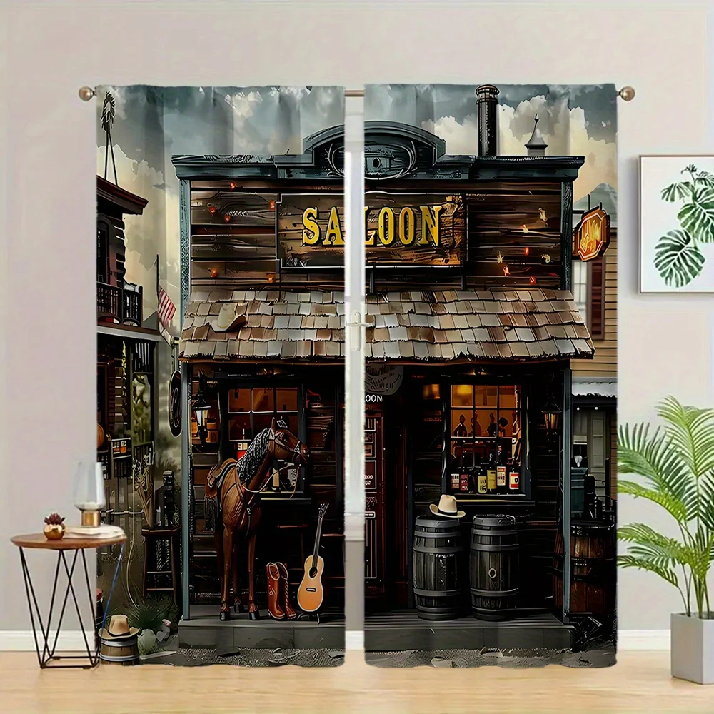 Western Saloon Curtain, Vintage Wild West Bar Window Drape, Cowboy Horse Guitar Decor for Man Cave, Rustic Home Textile Fabric