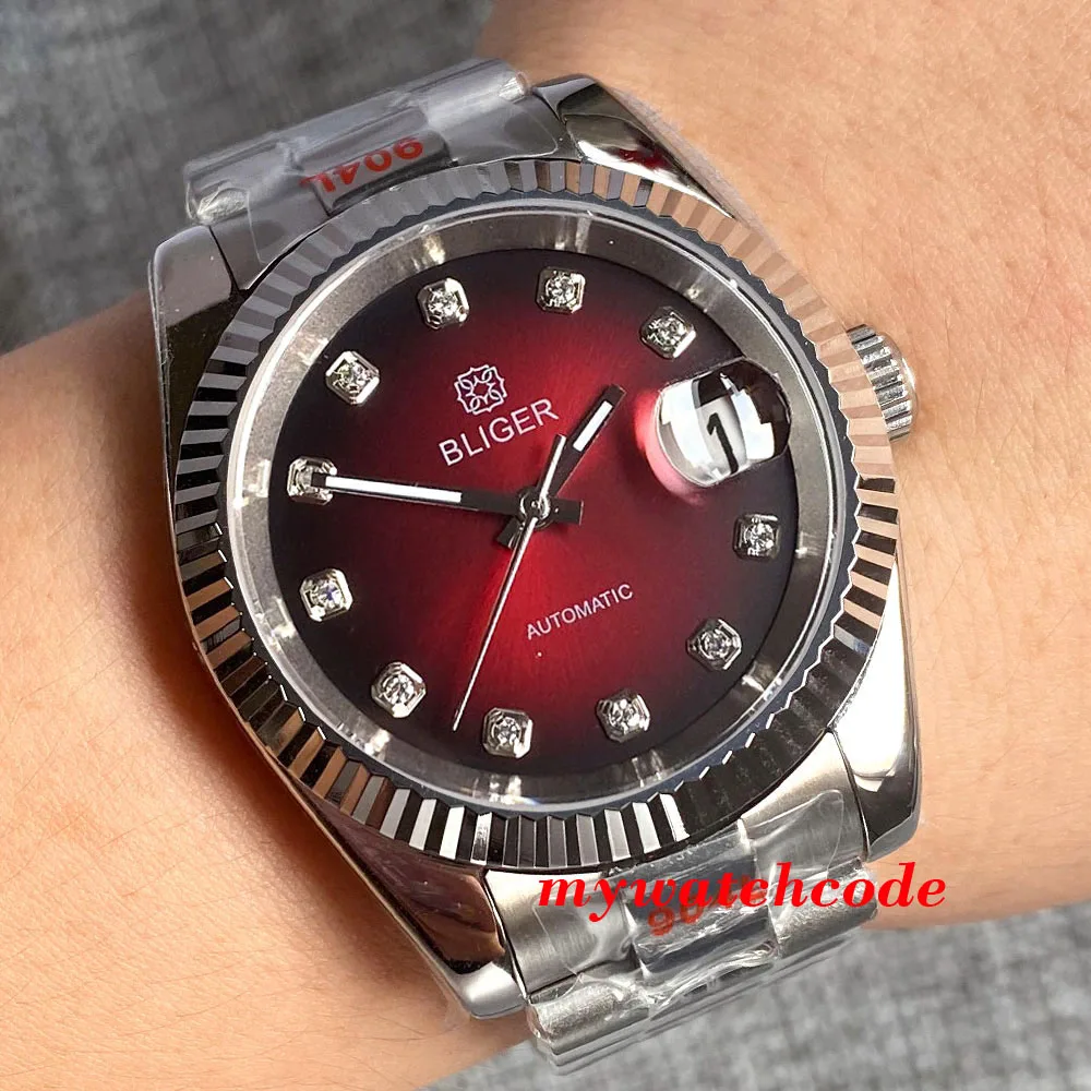 BLIGER-Reloj de pulsera automático para hombre, pulsera con bisel estriado Multicolor, esfera de diamante, cristal de zafiro, corona de tornillo de fecha, 36mm/39mm, NH35A