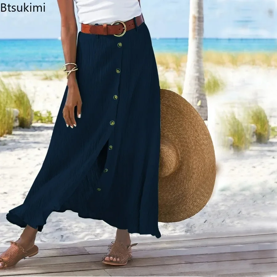 New 2024 Women\'s High Waist Cotton Midi Skirt Dress Button Up Solid Slit Hip Tennis Skirts Holiday Beach A Bottomed Skirt Female