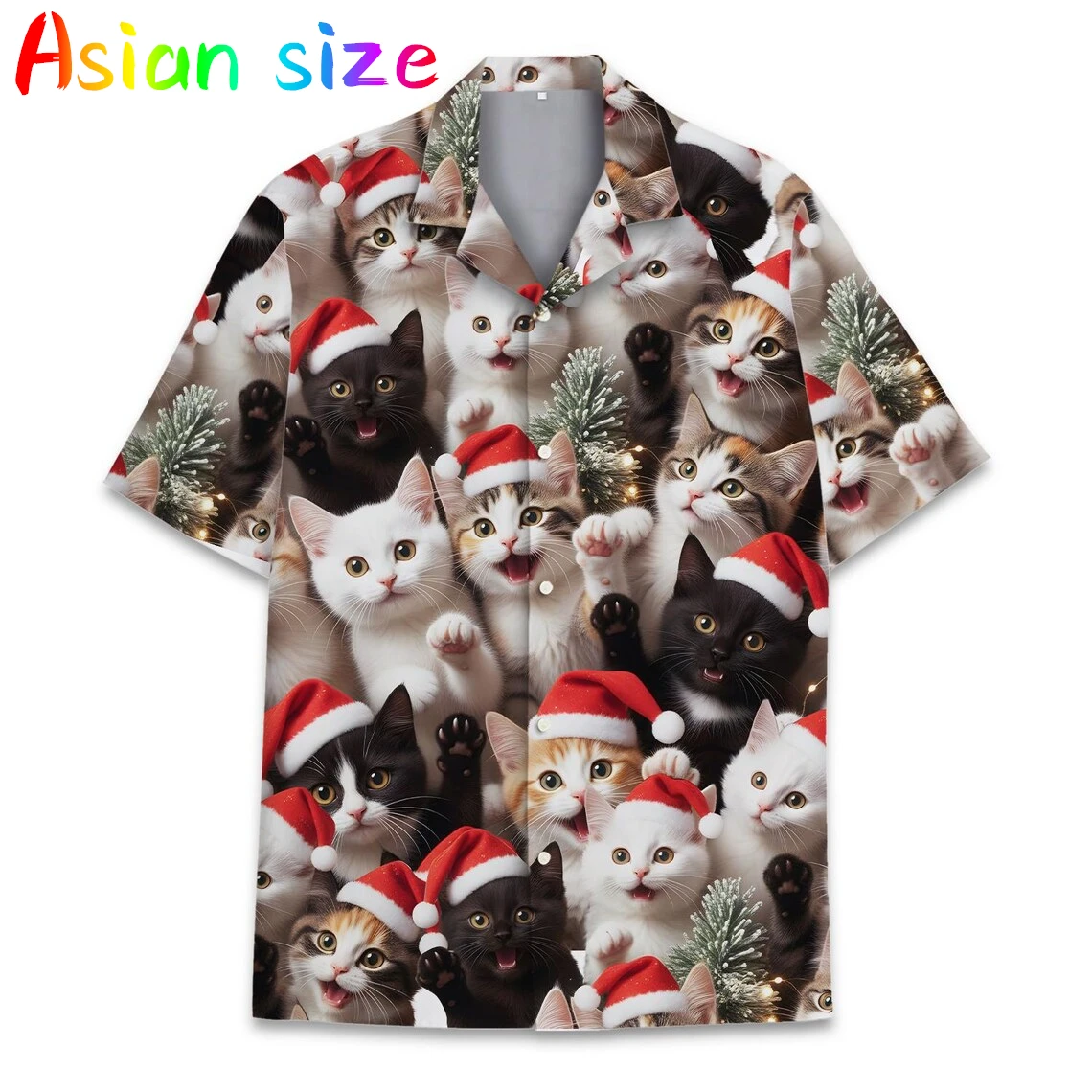 여름 3D 고양이 크리스마스 모자 프린트 셔츠 남성용 어린이 패션 스트리트웨어 반팔 티셔츠 하와이안 셔츠 크리스마스 블라우스