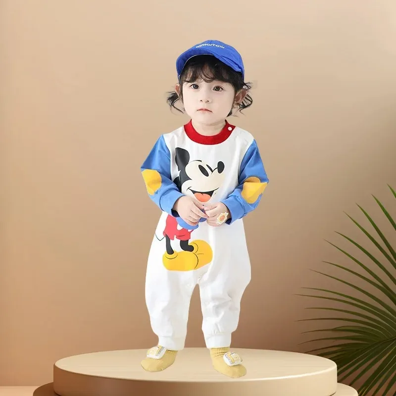 

Весенне-осенний детский комбинезон Disney с длинными рукавами, воротником и полосатым принтом Микки Мауса, детская одежда для прогулок на свежем воздухе