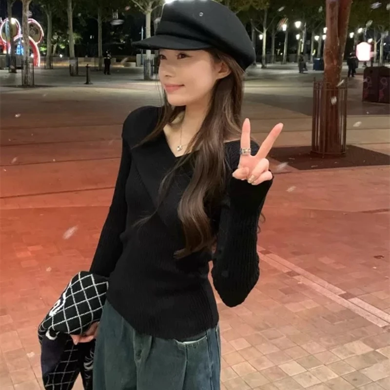 الكورية سليم صالح مزاجه الأرجواني الصليب المرأة طويلة الأكمام محبوك القمم الخريف الشتاء موضة جديدة تنوعا سترة غير رسمية