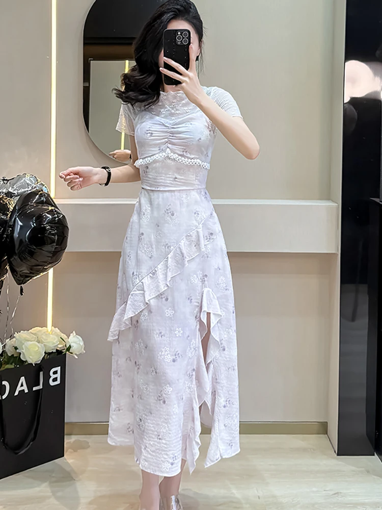 المرأة الأزهار تكدرت فستان بكتافة + الدانتيل الجاكار قميص حريمي قطعتين مجموعات 2025 الصيف الكورية خمر الفاخرة Bodycon فستان الدعاوى