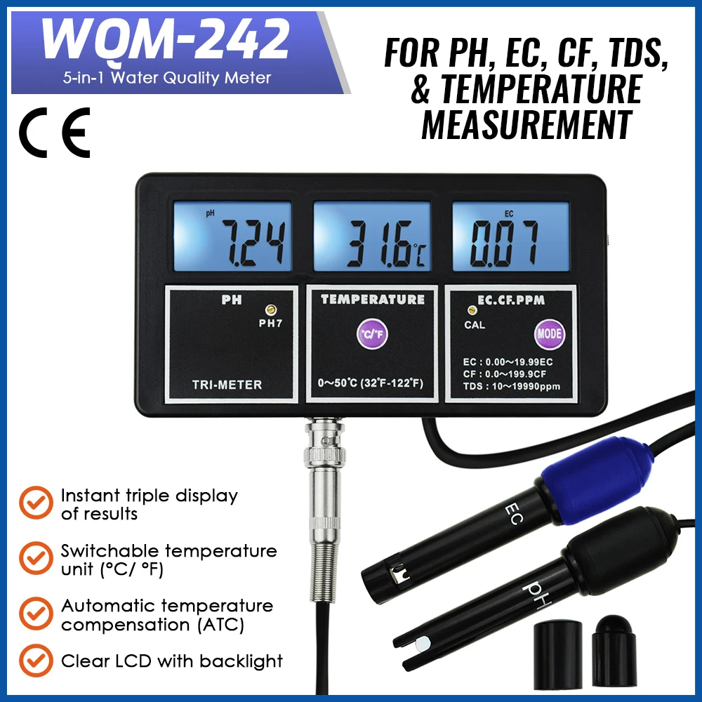 

5-in-1 Multi-parameter PH EC CF TDS (ppm) Temperature Test Water Quality Meter Backlight, Wall-mountable Rechargeable Tester