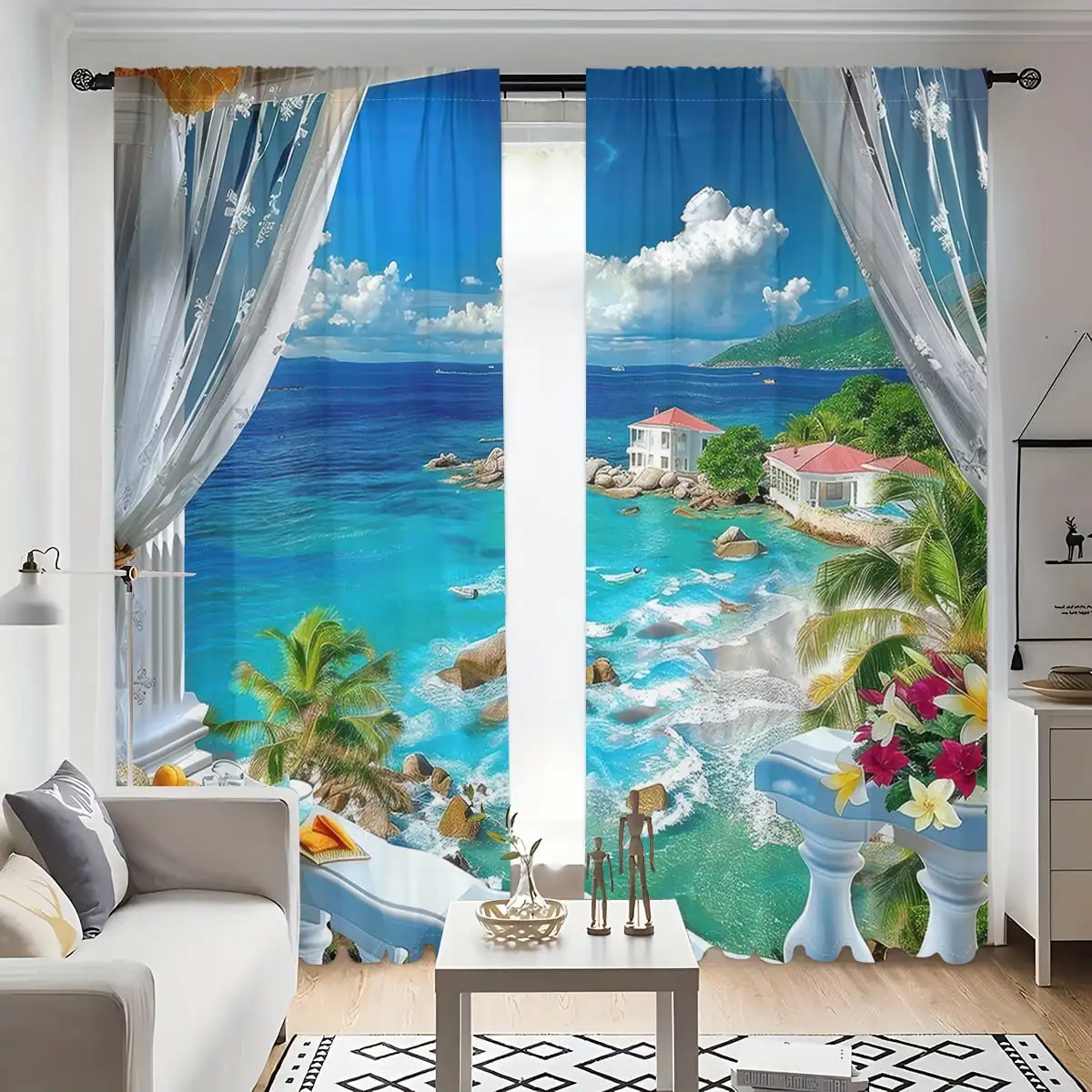 

2 шт. штор из полиэстера с эффектом персиковой кожи, реалистичный морской пейзаж, тропический пляж, для балкона, светопропускающие, для спальни молодежи, гостиной