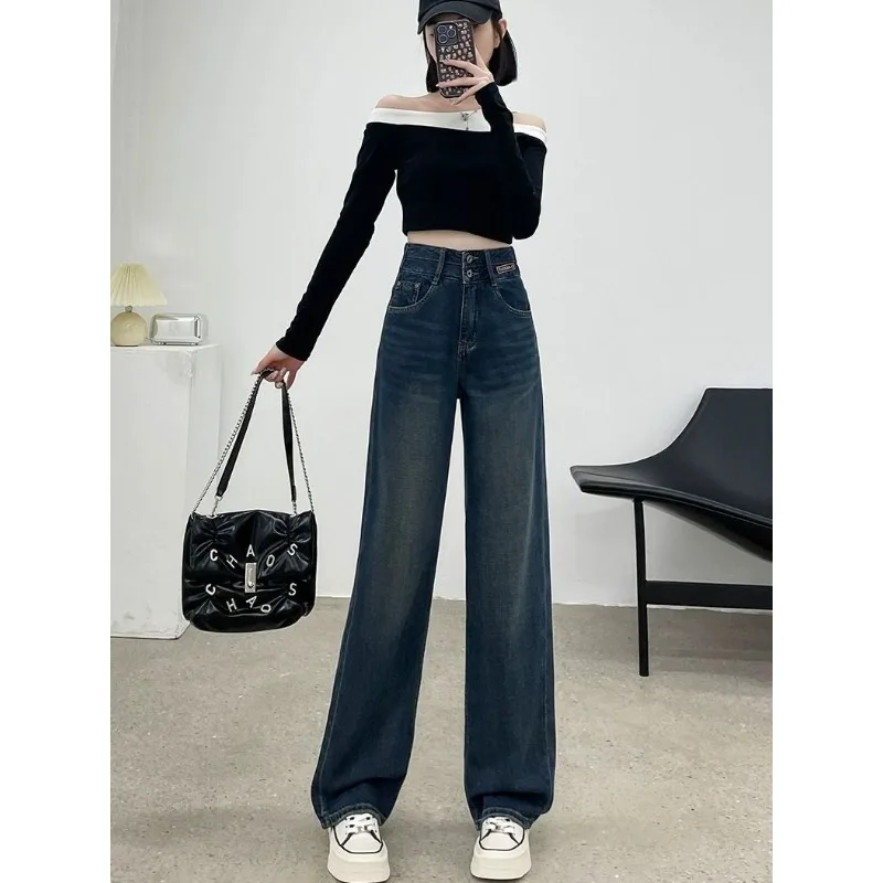 Jean rétro américain à jambes larges pour femmes, petit pantalon taille haute à neuf points, ample et fin, jambes droites et étroites, nouvelle collection printemps automne