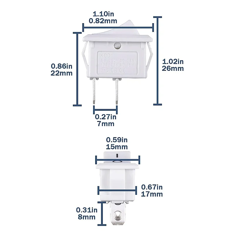 Toggle Switch 2-Pin White On Off 6A 250V AC 10A 125VAC Rectangle Switch Built-in Switch Embedded 2