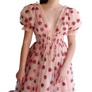 Long strawberry dress with mesh and ruffles, two -color sequin dress, French style, LS8265, transionic, summer, 24 10 Main Sales Strawberry Dress - №9