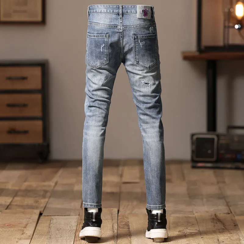 High Street Fashion Men Jeans Retro Light Blue Stretch Slim Fit Ripped Jeans Men Spliced Designer Hip Hop Denim Biker Pants