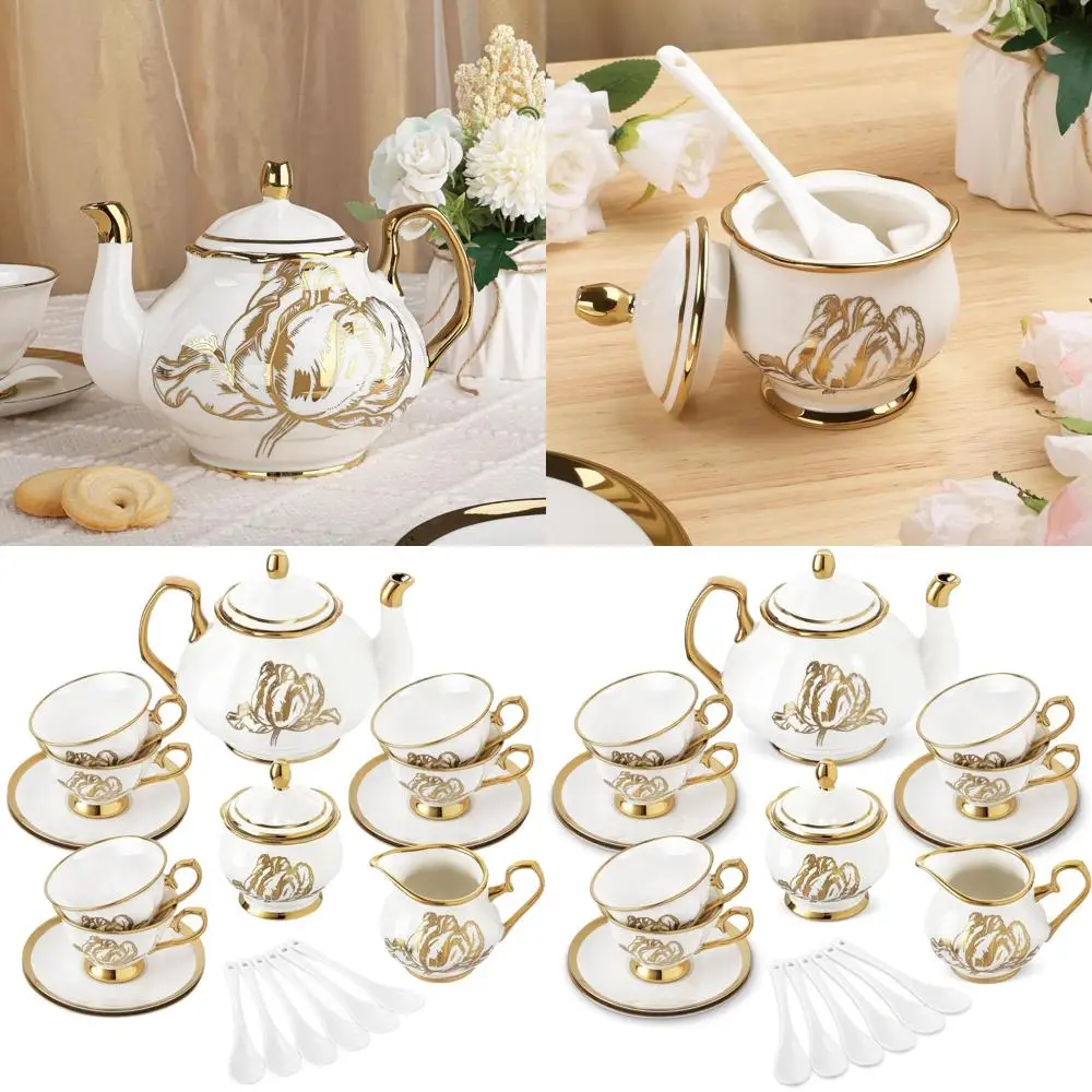

British Porcelain Tea Set, 21-Piece Gold Tulip Design, Ideal for Afternoon Tea, Coffee, Home, Wedding, Birthday Parties