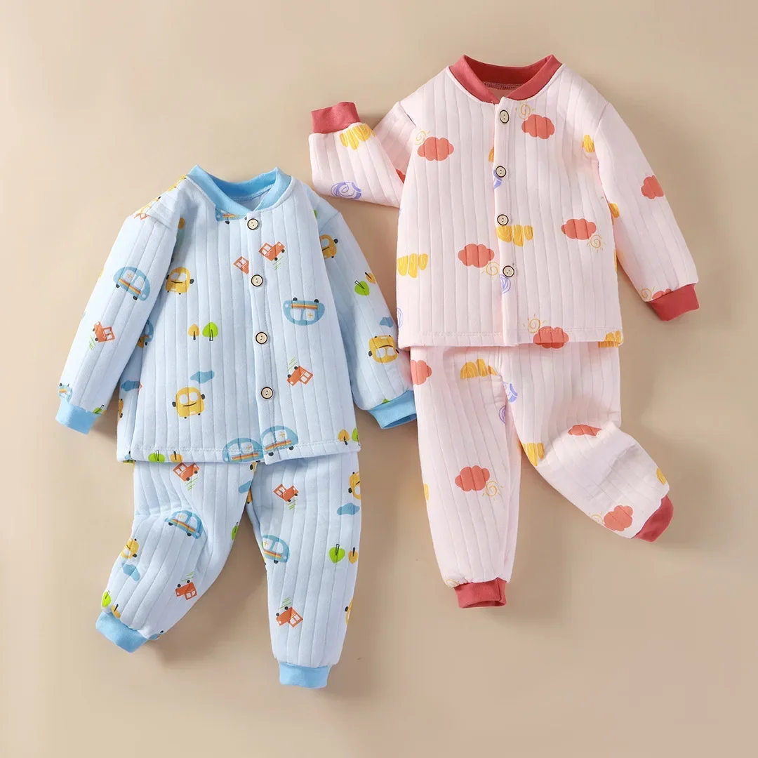 

New 2024 Boys Girls Autumn Winter Thicken Warm Cotton Pajamas Kids Cute Cartoon Long Sleeve Pyjamas Toddler Baby Clothing Sets