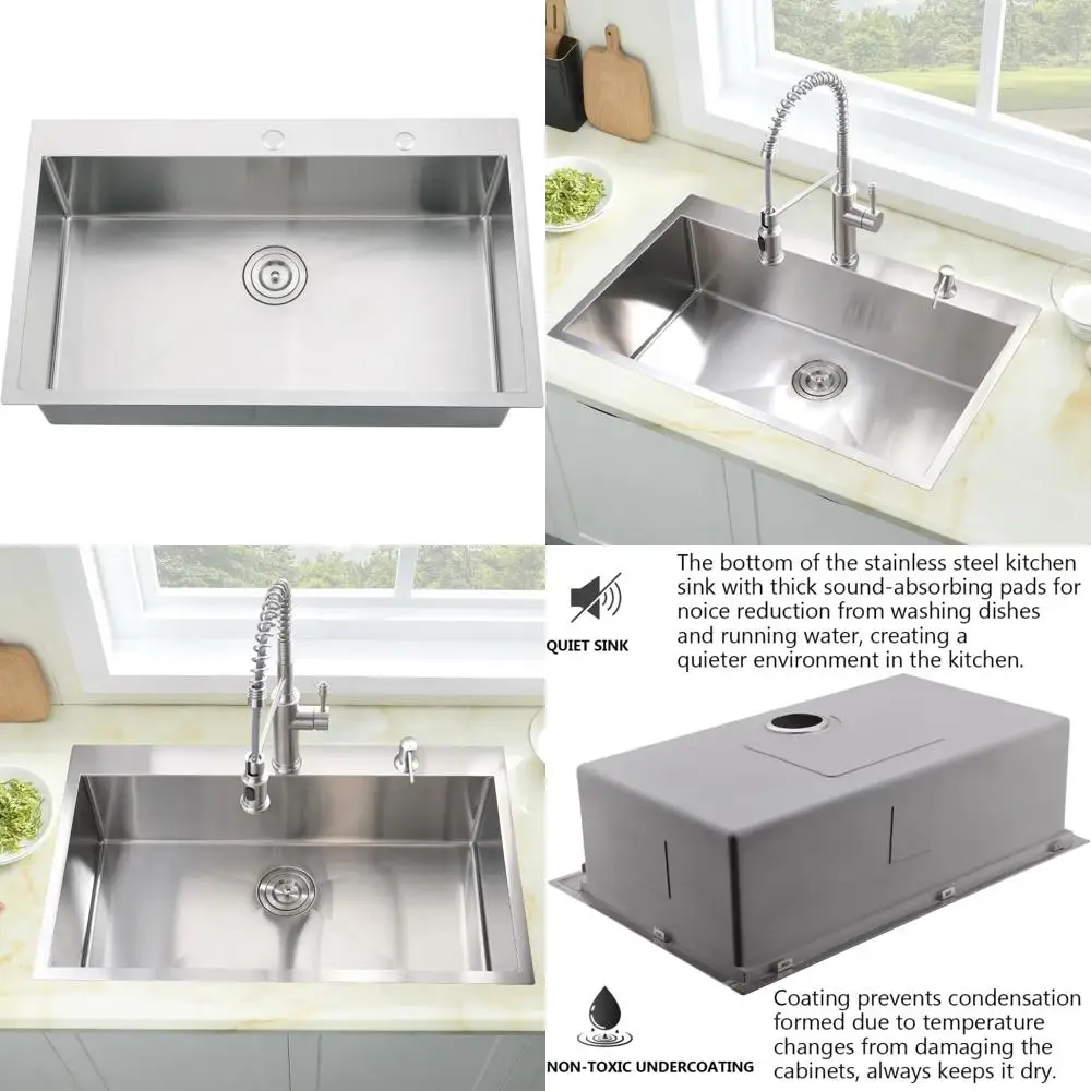 

Top-Mounted 33 x 19 Stainless Steel Kitchen Sink with Single Deep Bowl and Drain Strainer