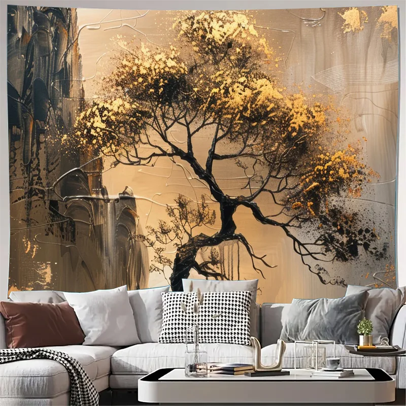 Abstract Golden Tree Tapestry Wall Hanging Boho Modern Minimalist Artwork Home Decor Art Print for Living Room Bedroom