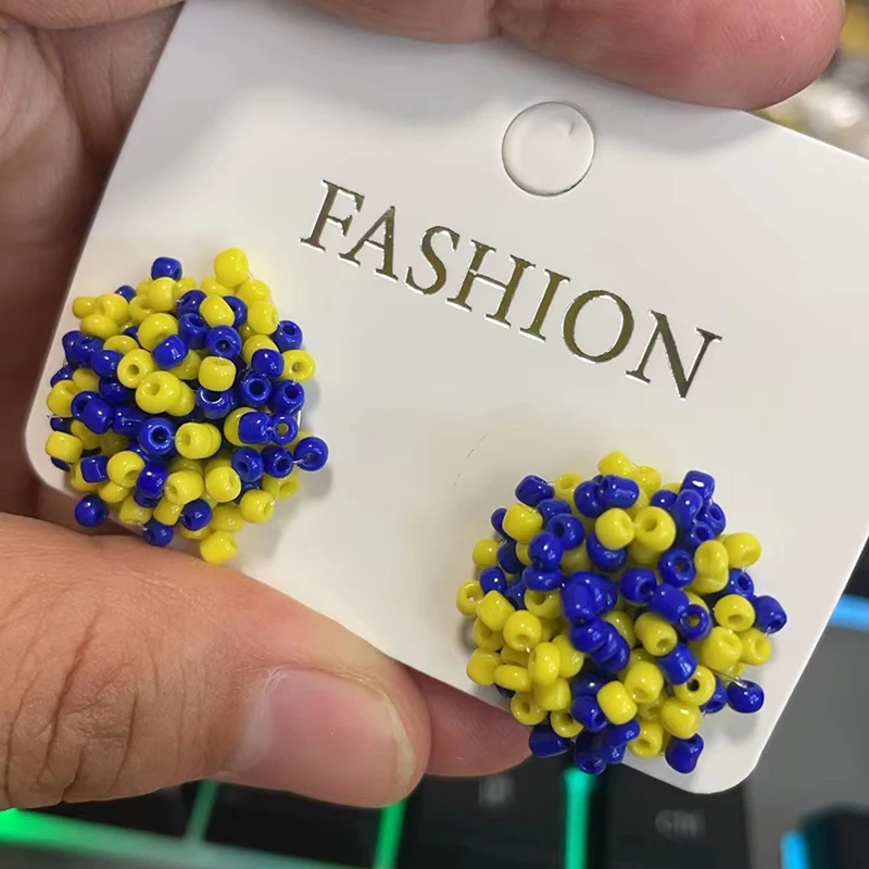 Stainless Steel Stud Beaded Dome Finding Pom Style Connector Yellow and Royal Blue Mix 15mm Small Seed Bead Topper Stud Earrings