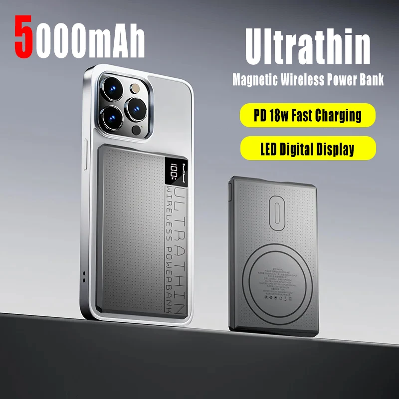 5000mAh Slim Magnetic Wireless Power Bank PD20W Fast Charging Portable Powerbank External Spare Battery For iPhone Samsung