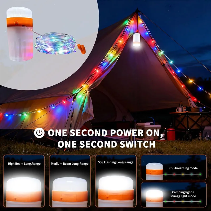 أضواء سلسلة التخييم المحمولة مقاوم للماء مصباح التخييم معلقة خيمة قابلة للشحن فانوس لزينة عيد الميلاد حفلة الفناء