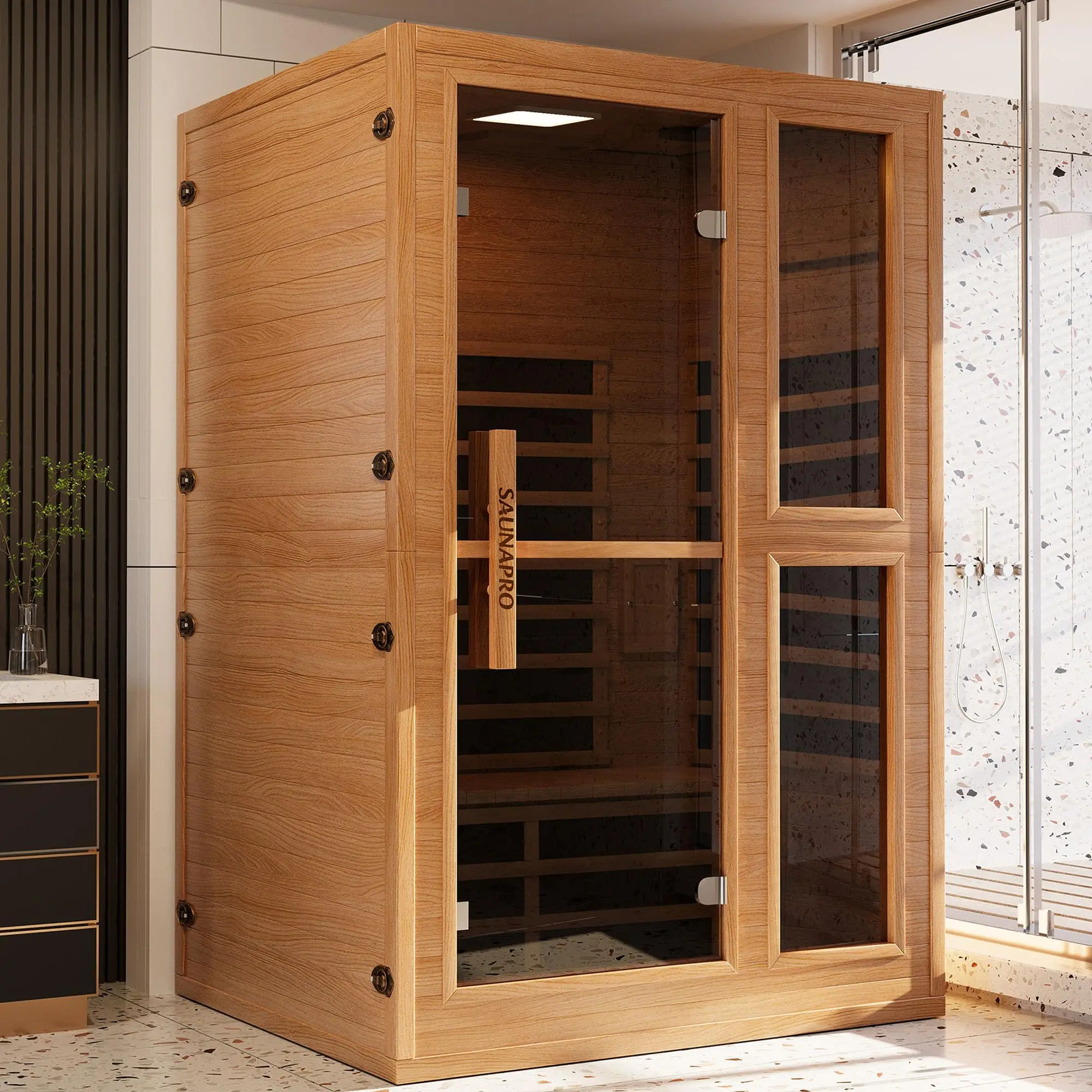 2-Personen-Innensauna, Spektrum-Infrarotsauna, einfach zu installieren mit BT- und WiFi-Steuerung, 5 Heizplatten, Zuhause und Fitnessstudio, 1200 W/120 V