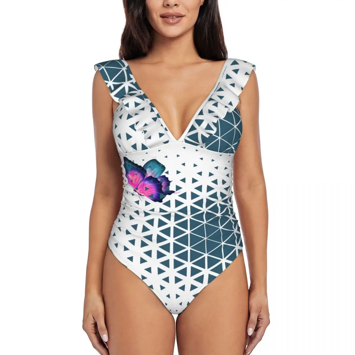 Bañador bohemio de una pieza para mujer, traje de baño de una pieza con patrones de línea curva de mariposa azul, traje de baño con volantes, bikini Sexy blanco