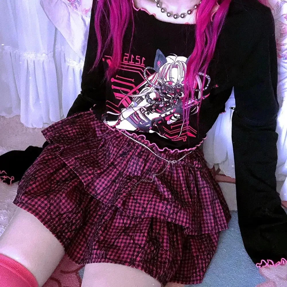 IMU Japanese Design y2k Anime Print Black Long Sleeve Tshirt Hollow Out Black Pink Cute Sweet Girls Top Shirts Pullover