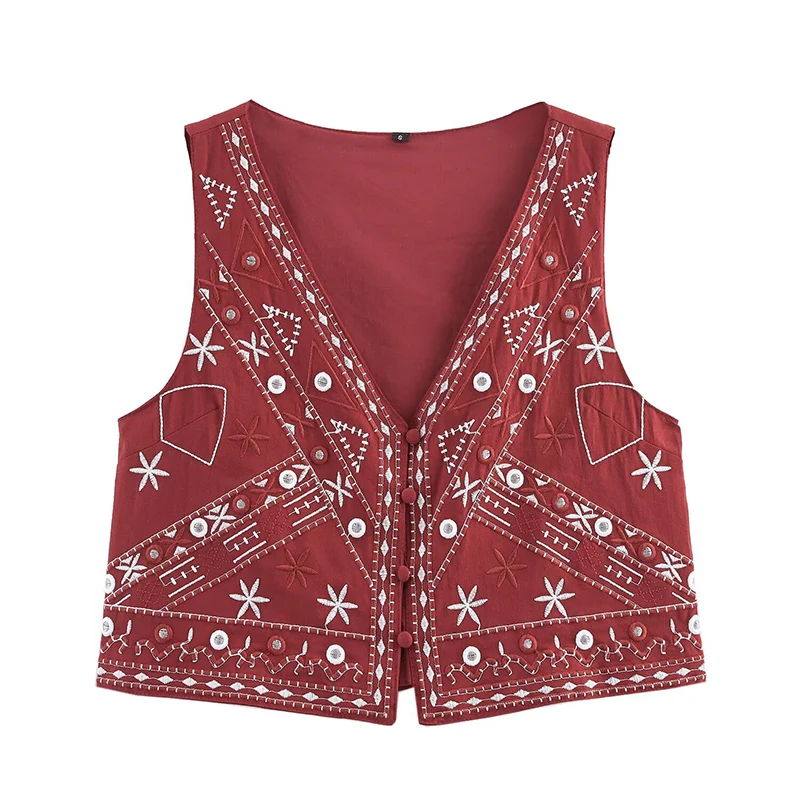 2025 Women Front Button Sleeveless V Neck Embroidery Vest Casual Summer  Tank Top