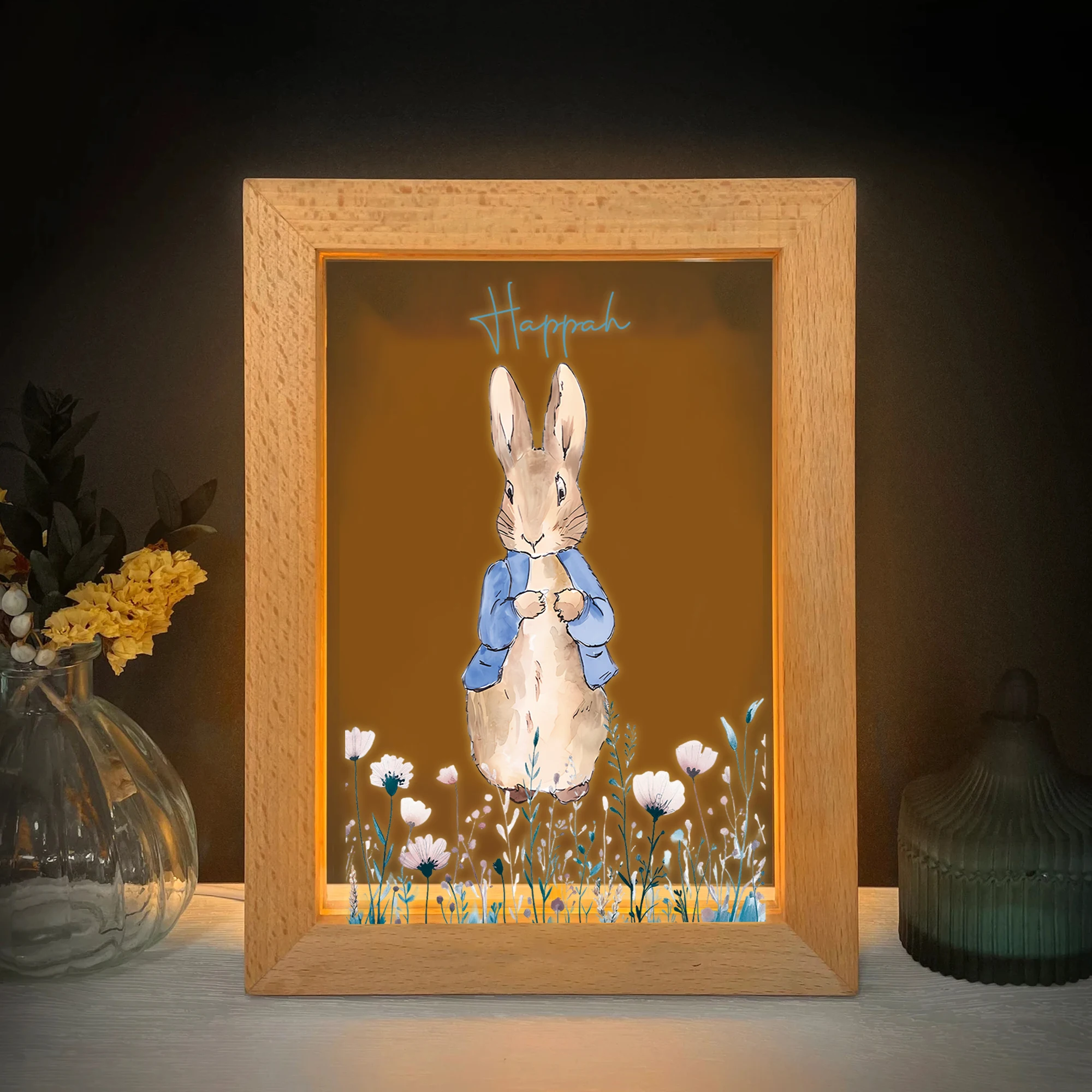 2d plana nome personalizado dos desenhos animados peter coelho led acrílico luz da noite moldura de madeira 21x17cm crianças quarto presentes decoração casa