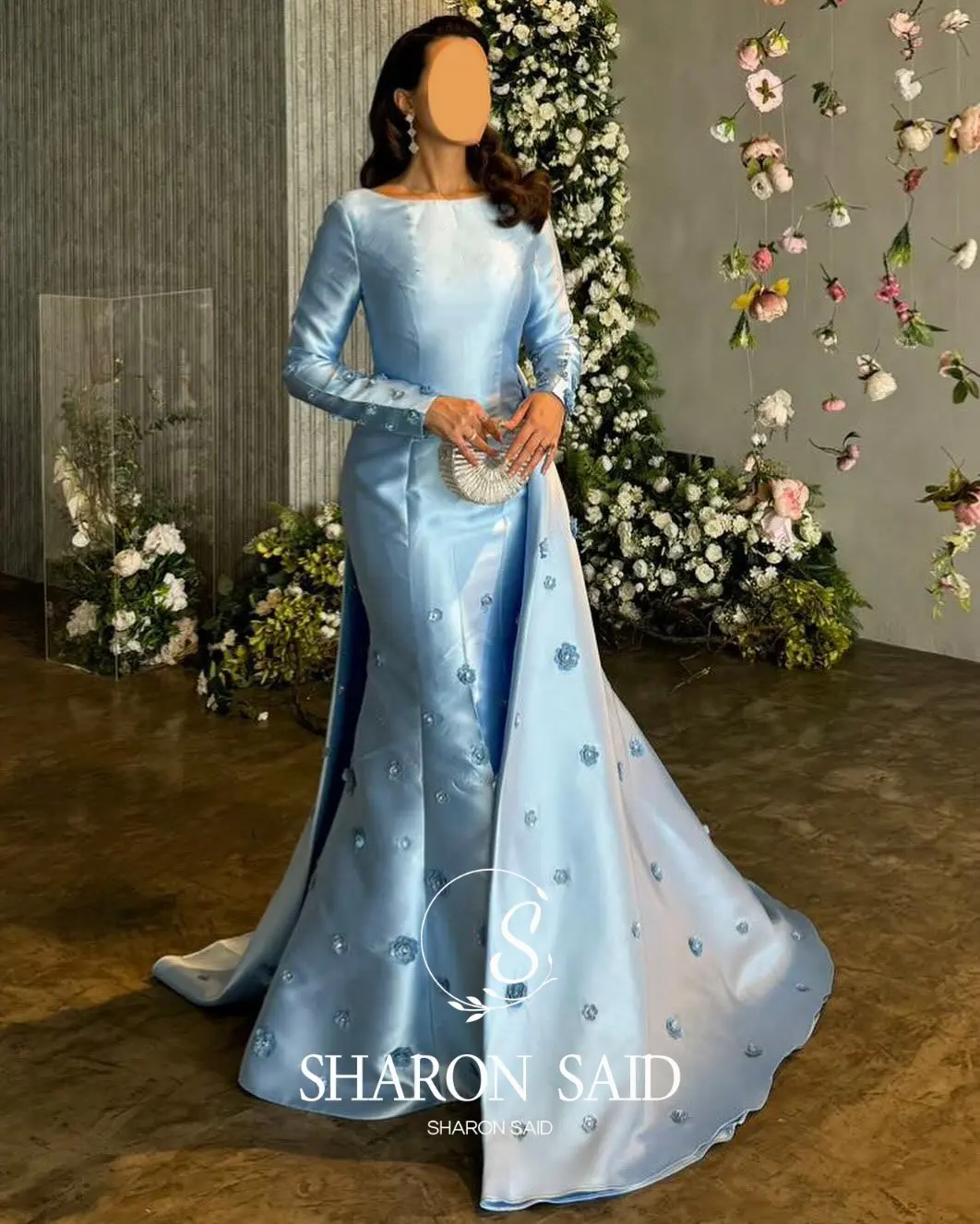 Sharon Said Dubai Blue 3D Flower Evening Dress with Long Sleeve Overskirt for Women Wedding Formal Gown SF244 Customized