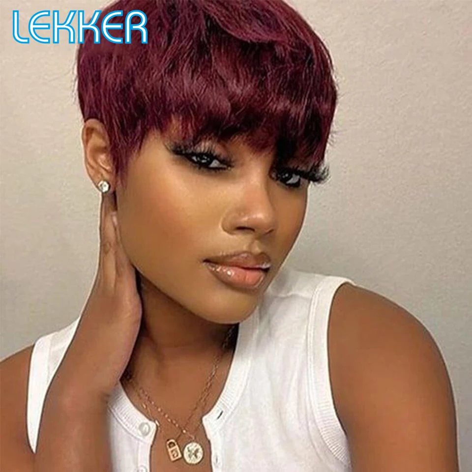 Lekker Gekleurde Korte Pixie Cut Rechte Bob 100% Menselijk Haar Pruiken Met Pony Voor Vrouwen Braziliaanse Remy Haar Bordeaux Rood Opruiming