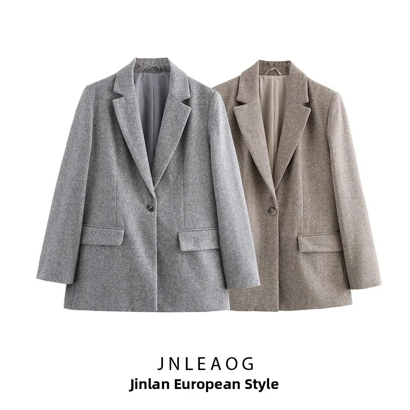 

JNLEAOG Осенний новый женский модный пиджак из смесовой шерсти и твила, прямого кроя, с длинными рукавами, повседневный, из полиэфирного волокна, на одной пуговице