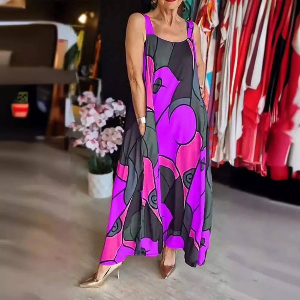 

Loose Waist Dress Colorful Print Maxi Dress with Side Pockets for Women A-line Vacation Beach Sundress with Big Hem Ankle Length