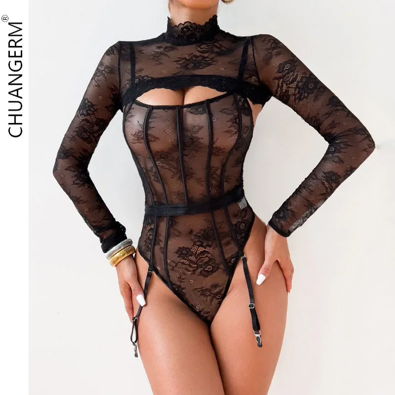 

CHUANGERM Women Sexy Lace Bodysuit Sheer Sexy See-Through Lace Camisole Ribbon Ribbon Openable Bodysuit Pullover Canvas Set