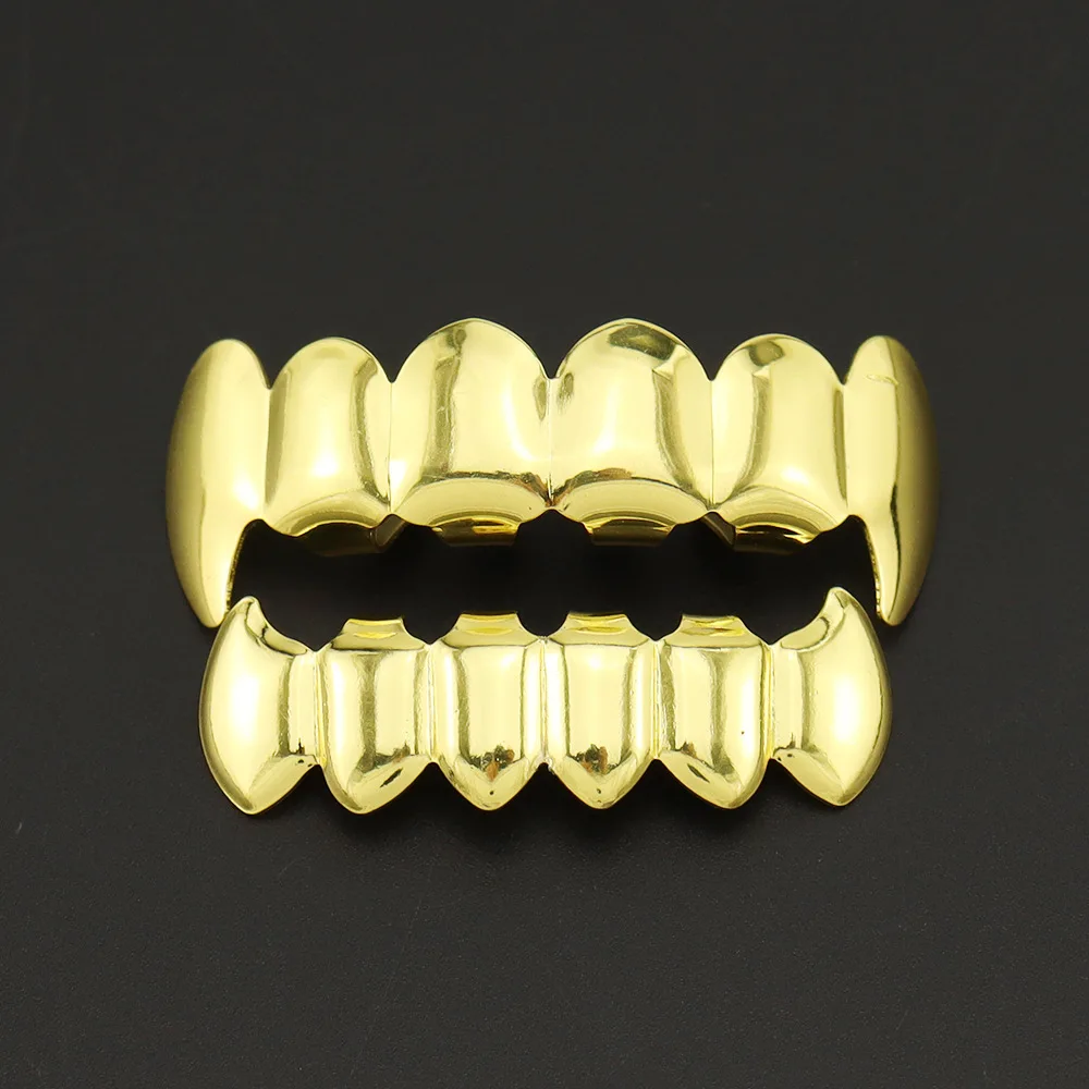 1Set Hiphop Gouden Kleur Tanden Grillz Vergulde Tandheelkundige Grills Rock Tooth Grillz Caps Crystal Tanden Caps Halloween Vampier Cadeau