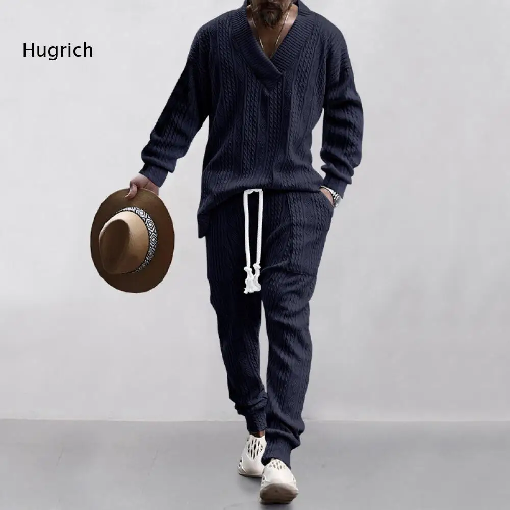 Men Knitted Sweater Tracksuit V Neck Long Sleeve Knitwear And Drawstring Waist Jogger Pants Designed With Practical Side Pockets