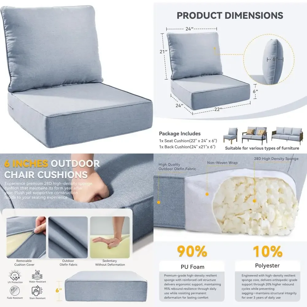 

Outdoor Patio Chair Cushions 22x24 - Thick Water-Resistant Removable Covers, High-Density 28D Sponge for Comfortable Seating