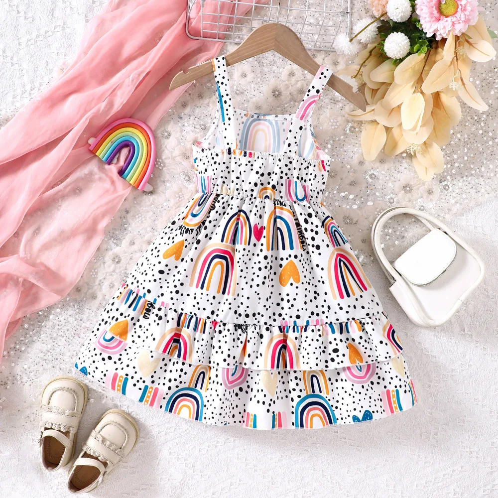 New Spring & Summer Toddler Camisole Dress - Polka Dot Base with Rainbow Heart Print, Double-Layer Skirt Sweet Element Dress