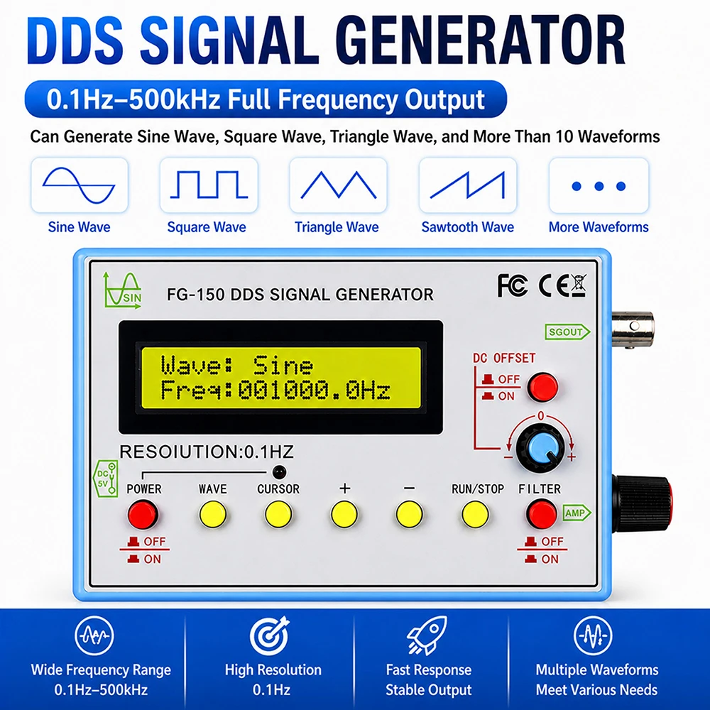 FG-150 DDS Function Signal Generator Frequency Counter 0.01-500KHz Signal Source Module 15 Waveforms 1-99% Adjustable Duty Cycle