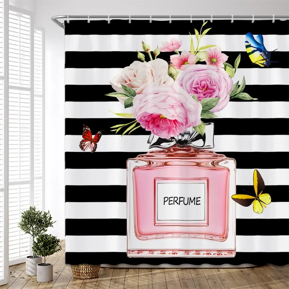 Pink Perfume Bottle Shower Curtain Hello Gorgeous Makeup Black and White Stripe Fashion Art Bathroom Curtain Polyester Fabric