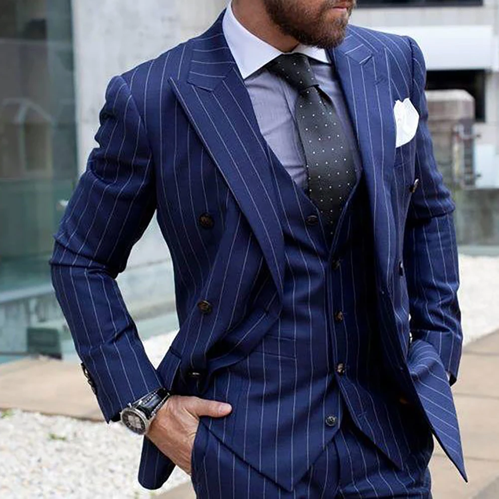 Blazer Men's Suits Blue Stripe Double Breasted Peaked Lapel Elegant Formal Occasion Regular Length Hombre Jacket Pants Vest Fit