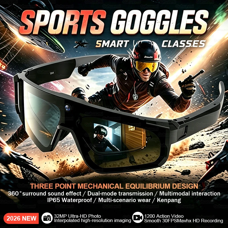 

AI Smart Sports Glasses 800W HD Camera 4K Video Smart Glasses with AI ChatGPT 360°Sound Bluetooth Call Outdoor Windproof Goggles