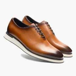 Men's Luxury Handmade Genuine Cowhide Leather Oxfords Casual Dress Shoes Whole-Cut Plain Toe Lace-Up Soft Flat Sneakers Man
