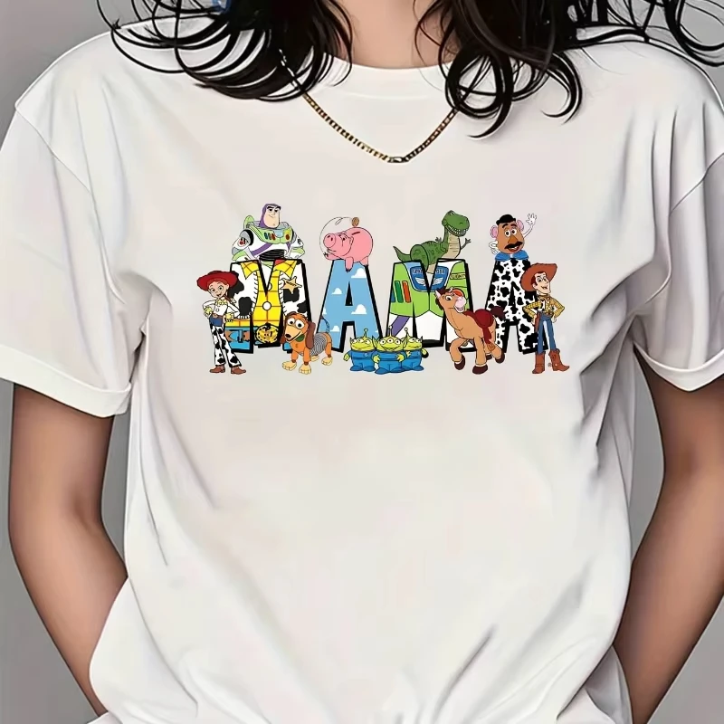

Disney Toy Story Series Characters & MAMA Printed Women's Cartoon T-Shirt Crew Neck Casual Comfortable Hot-selling Top